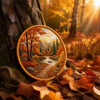 Patchs brodés personnalisés, ronds, motif paysage forestier automnal, thermocollants, pour veste à thème naturel d'automne