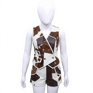 <b>Women's</b> Cowhide Patchwork <b>Leather</b> Set | Genuine <b>Leather</b> Cow Print Asymmetric Western Style Outfit for Summer - Product Image 1