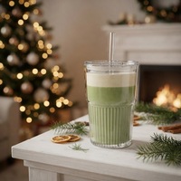 Lot de 2 verres cannelés avec couvercles et pailles, 450 ml, pour café glacé, smoothies, cocktails, usage domestique et café