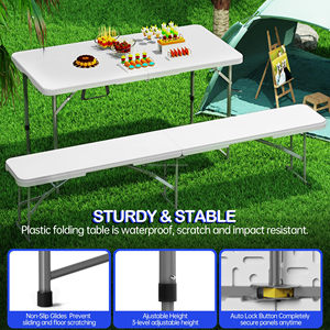 Table pliante de 4 pieds, portable, robuste, pliable en deux, en plastique, réglable en hauteur, avec poignée de transport - Product Image 5