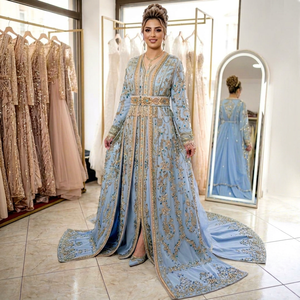<b>Light</b> Blue Silk/banana crape Embroidered Floor-Length Traditional Wedding Dress for Women with Gold Detailing Loose Fit Style - Product Image 1