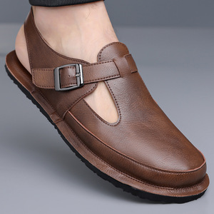 Sandalias con correa en T para hombre, de cuero genuino, punta abierta, suela de goma, informales, transpirables, con hebilla, fáciles de poner, para verano. - Product Image 1