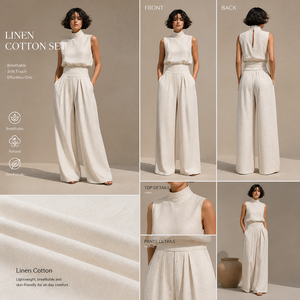Completo Due Pezzi <span class=keywords><strong>da</strong></span> Donna: Top Senza Maniche con Collo Alto e Pantaloni a Vita Alta a Gamba Larga, Effetto Lino, Elegante Tuta Casual Estate-Autunno 2026 - Product Image 4