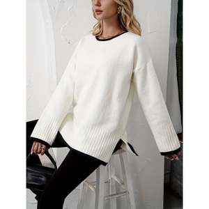 Suéter Blanco con Ribete en Contraste y Abertura Lateral, Top de Punto de Manga Larga para Mujer - Product Image 5