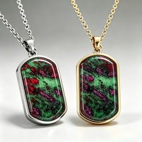 Collier Pendentif Minimaliste Géométrique en Zoisite avec Rubis, en Acier Inoxydable 316L Anti-ternissement, Finition Polie Haute Brillance et Sertissage à Fils