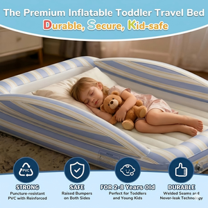 Blue White Striped Kids <b>Inflatable</b> Travel Bed with Safety Rails for Toddlers Camping Home - Product Image 2