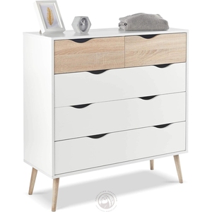 <span class=keywords><strong>Commode</strong></span> à <span class=keywords><strong>5</strong></span> <span class=keywords><strong>tiroirs</strong></span> blanche et effet chêne, <span class=keywords><strong>commode</strong></span> de chambre à coucher de style <span class=keywords><strong>scandinave</strong></span>, armoire de rangement de style nordique avec pieds effilés - Product Image 4