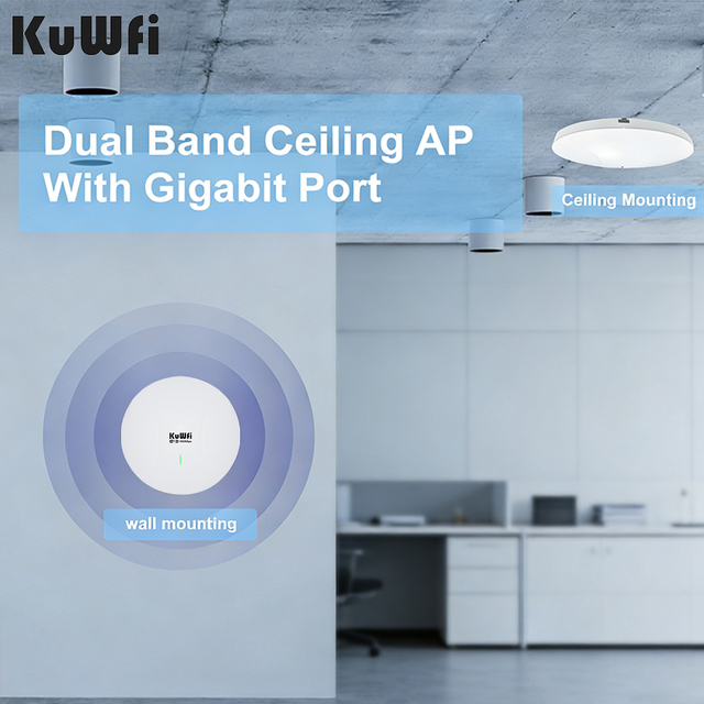 High Power KuWFi Indoor WiFi 6 Access Point Ceiling Mount Dual Band Gigabit Port 1500Mbps PoE+ Wireless AP for Hotel Internet