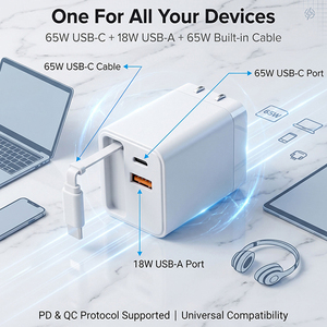 <span class=keywords><strong>Chargeur</strong></span> <span class=keywords><strong>USB</strong></span> multi-ports 3 en 1 65W, 2 ports Type <span class=keywords><strong>C</strong></span> PD, <span class=keywords><strong>chargeur</strong></span> mural rapide pour ordinateur portable et téléphone, prise US pliable, essentiels de voyage - Product Image 4