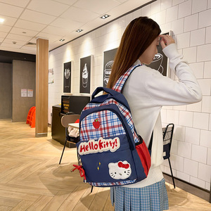 Retro Plaid <b>Backpack</b> Female College Student Cute Cartoon <b>Cat</b> Bag Casual Large Capacity Lightweight School Bag Wholesale - Product Image 3