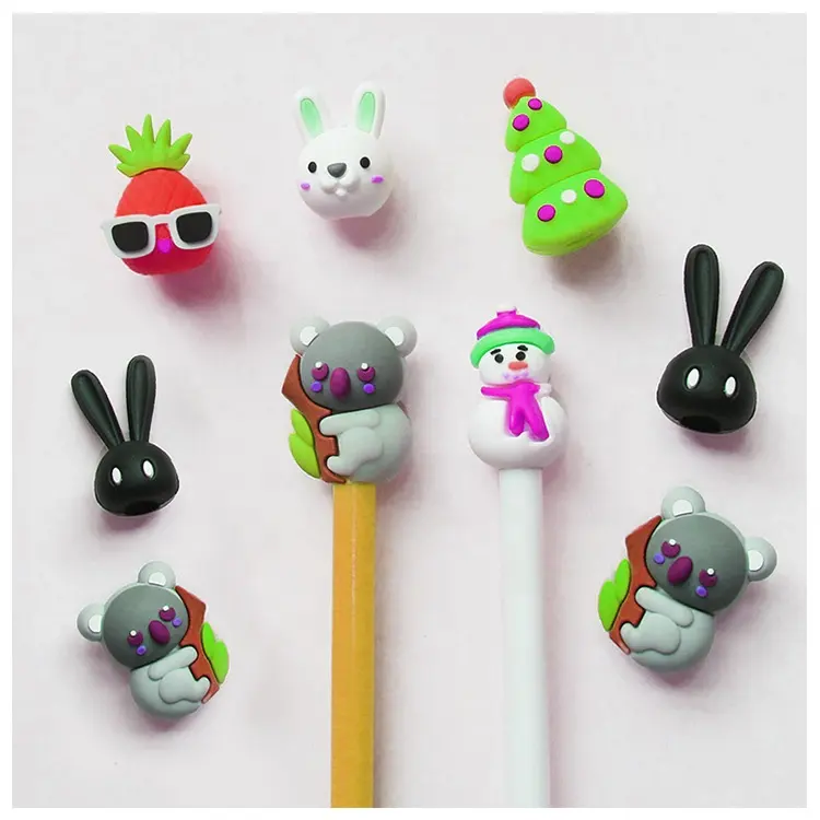 Manufacturer Custom Soft Pvc Pen Cap 3D Cartoon Silicone Pencil Cap Cover Ornament 2D Pencil Toppers