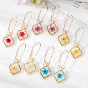 Geometric Fashion Immortalized flower dried flower earrings pendant with gold rim earrings
