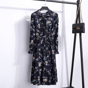 Abito Casual Autunnale da <span class=keywords><strong>Donna</strong></span>, Stile Coreano Vintage con Stampa Floreale, Vestito in Chiffon a Maniche Lunghe con Fiocco, Abito Estivo Midi - Product Image 4