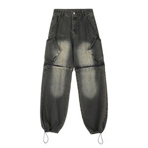 Men's Washed Vintage Jeans Punk Detachable Jeans Straight <b>Pull</b> Rope Leg Splicing All Season Cargo Jeans - Product Image 2