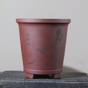 Yixing Purple <b>Clay</b> Flower <b>Pot</b> Round Handmade Bonsai <b>Pot</b> With Carving And Painting Orchid Planter - Product Image 4