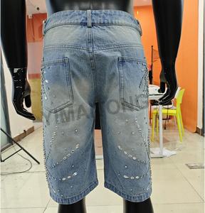 Fabricante de ropa de calle personalizada desgastado Vintage ácido lavado holgado Rhinestone Jorts Denim Jeans Shorts para hombres - Product Image 4
