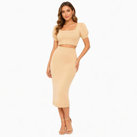 Ensemble décontracté pour femme en tricot géométrique, haut court à manches bouffantes, col carré, jupe crayon mi-longue taille haute côtelée 100% coton respirant