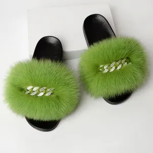 Thả Vận Chuyển Bất Fox Fur Sliders Bling Lông Dép Fluffy Phụ Nữ Lông Slide Dép Đi Trong Nhà