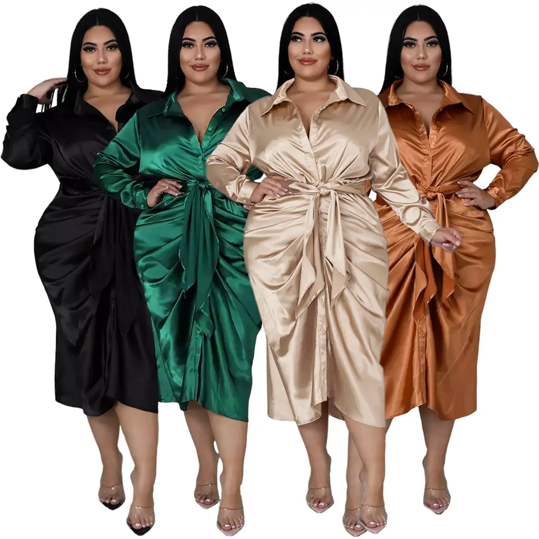 5XL Plus Size Casual Kleding Button Down Satin Ruffle Jurk Voor Dikke Vrouwen