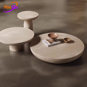 طاولة قهوة بتصميم عصري مشهور على الإنترنت بلون كريمي وطلاء حجري حقيقي، بأسلوب بسيط وهادئ للشقق الصغيرة - Product Image 3