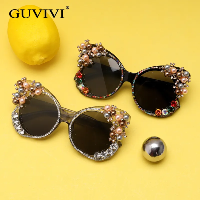 New Fashion Large Frame UV400 Sonnenbrille Handgemachte Pearl Diamond Diy Cat Eye Luxus Retro Sonnenbrille