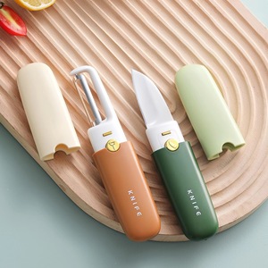 Folding Fruit Knife Peeler Multi Functional Double Headed Portable Apple Peeler With Cover Green Orange Gray 17.5cm - Product Image 1