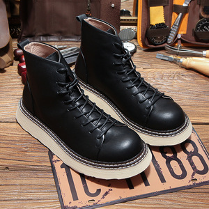 Chaussures pour hommes, bottes d'hiver vintage américaines pour hommes, à semelle épaisse, antidérapantes, résistantes à l'usure, en cuir véritable, bottes de travail décontractées à tige haute - Product Image 2