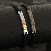 Bracelet de luxe pour homme en acier inoxydable 316 noir élégant avec incrustation de zircon 5A et cuir PU – Vente en gros de bijoux haut de gamme tendance