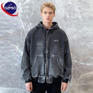 QZFSO High Quality Heavyweight <b>Vintage</b> Acid Wash <b>Zip</b> <b>up</b> 100% Cotton French Terry Custom Embroidery Men's Streetwear Solid <b>Hoodie</b> - Product Image 1