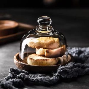 Plateau à dessert en bois avec dôme en verre, assiette multifonctionnelle, <span class=keywords><strong>mini</strong></span>-récipient pour aliments et collations, présentoir à gâteaux exquis pour la maison - Product Image 1