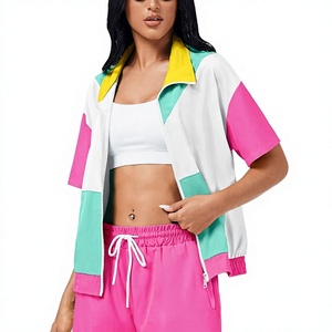 Women Color Block <b>Tracksuit</b> Set 2 Piece Short Sleeve Zip Up Jacket Pink Shorts Sporty <b>Y2K</b> Style Spring Summer Wear - Product Image 4