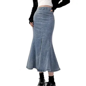 Falda vaquera larga de cintura alta para mujer, falda lavada Vintage con fondo de borlas, con bolsillos