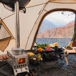 Poêle de tente portable à bois en gros avec cheminée, porte en verre métallique brossé, grilles pliantes, équipement de cuisson pour le camping - Product Image 1