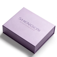 Boîte cadeau rigide magnétique de luxe en forme de livre, couleur violet clair, avec logo personnalisé, insert en EVA floqué blanc pour emballage cosmétique