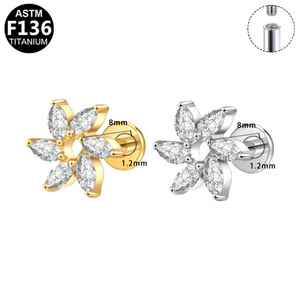 <b>Titanium</b> Earrings Flower Shape Prong Setting F136 Internal Thread Unisex Piercing Jewelry Gift - Product Image 5