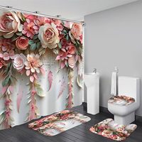 Fleur rose romantique et plante verte mignonne ensemble de décoration de salle de bain en polyester floral avec rideau de douche, tapis et accessoires