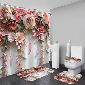 Fleur rose romantique et plante verte mignonne ensemble <span class=keywords><strong>de</strong></span> décoration <span class=keywords><strong>de</strong></span> <span class=keywords><strong>salle</strong></span> <span class=keywords><strong>de</strong></span> <span class=keywords><strong>bain</strong></span> en polyester floral avec rideau <span class=keywords><strong>de</strong></span> douche, tapis et accessoires - Product Image 2