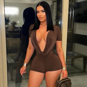 PEEQI D25RP581 Горячая новинка: весенний комбинезон для женщин, с коротким рукавом, однотонный, облегающий, с глубоким V-образным вырезом, сексуальный комбинезон с коротким рукавом - Product Image 1