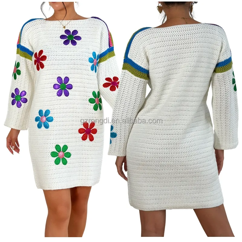 Yeni özel OEM ve ODM Logo kazak kadınlar renkli çiçek tasarım elbise bayanlar örme kızlar çiçek elbise gül Carmine