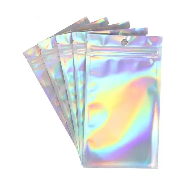 Tas Lip Gloss dengan Lubang Gantung, Tas Kunci Zip Hologram Pelangi 3.3X5.1 Inci Tekan Pada Tas Kuku