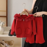 Cardigan à capuche en acrylique et élasthanne tricoté à grand col, ensemble pull pour enfants, style coréen, épaissi, double poche, coupe ample, couleur unie