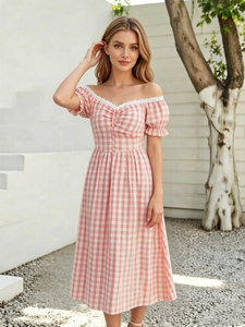 Abito Midi Casual estivo da <span class=keywords><strong>donna</strong></span> <span class=keywords><strong>taglie</strong></span> forti dolce con collo quadrato francese con motivo a quadri in pizzo con bottone intrecciato miglior Shopping <span class=keywords><strong>Online</strong></span> - Product Image 3