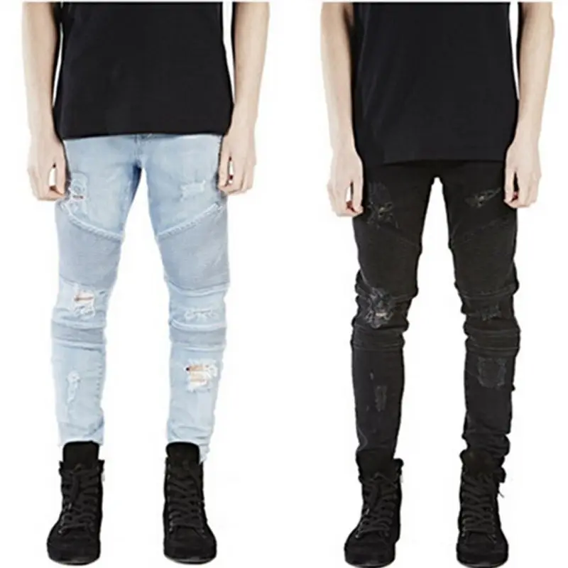 New Fashion Street Style Holes Biker Ripped Skinny Jeans Slim Stretch Trendy Mens Stacked Jeans Denim Pants For Men