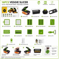 Accessoires de Cuisine Mandoline Manuelle 16 en 1 Coupe-Oignons Alimentaire Hachoir à Légumes Multifonctionnel