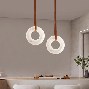 Lustre LED personnalisé en laiton et albâtre, design moderne, minimaliste, nordique, avec anneau en marbre, pour salon, salle à manger, chambre à coucher - Product Image 6