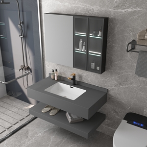 Tocador de baño con espejo inteligente para Hotel, mueble de baño con piedra artificial sinterizada flotante, moderno, montaje en pared - Product Image 1