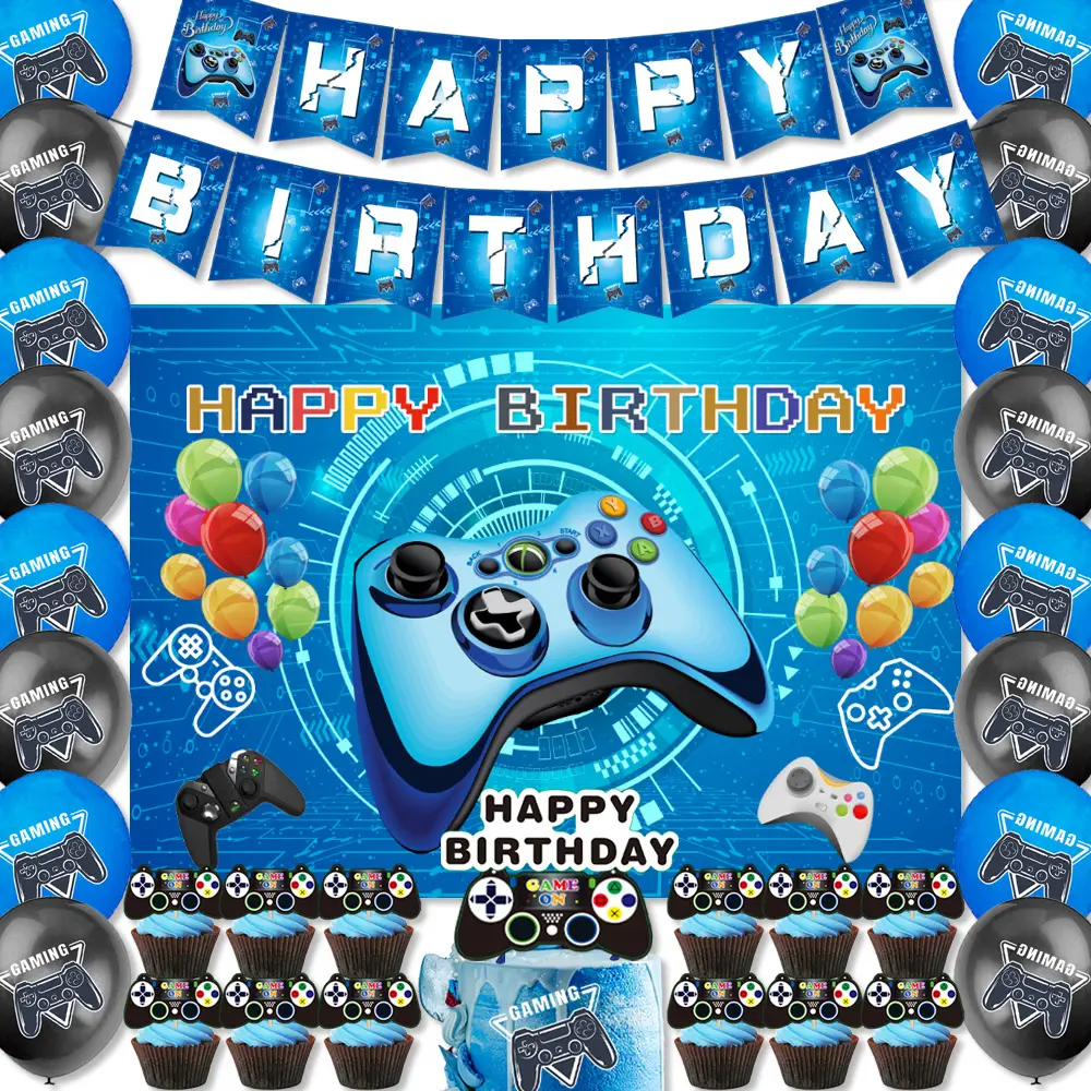 Game On Party Gamepad biru sekali pakai kue Cupcake Topper kertas spanduk balon anak laki-laki permainan pesta ulang tahun perlengkapan dekorasi K0196
