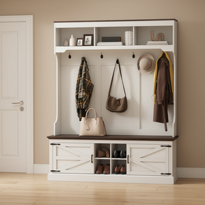 Banco de entrada 3 en 1 con perchero y almacenamiento de zapatos, de madera blanca con acabado veteado, mueble de recibidor tipo árbol de pie - Product Image 2