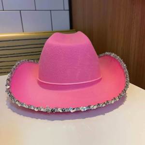 Chapeaux de cowgirl western pour femmes et filles, chapeau Fedora à bord roulé avec décorations de sequins, chapeau de cowgirl rose scintillant - Product Image 5