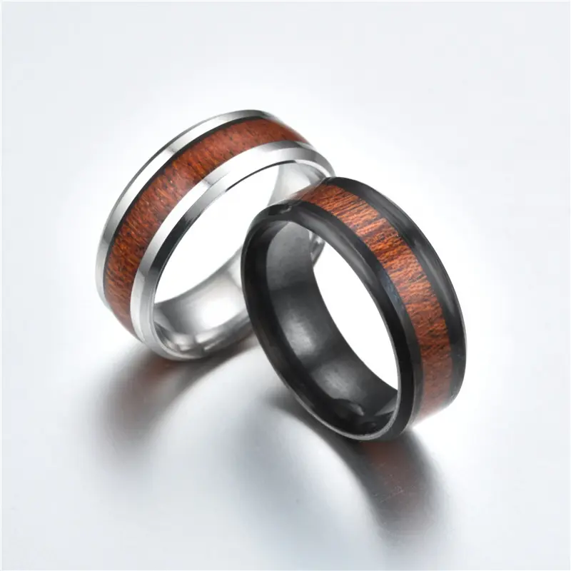 Vintage Size 6-13 Stainless Steel Men Finger Rings Jewelry for Friends Gifts Durable Stainless Steel Inlaid Vintage Wood Rings